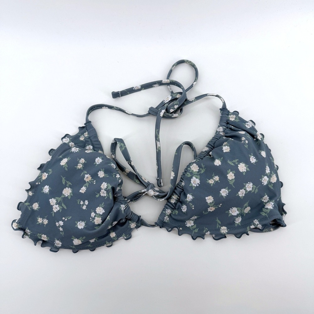 Shade & Shore Bikini Top Floral Ruffle Large Blue Womens Swimwear Triangle - Picture 1 of 2